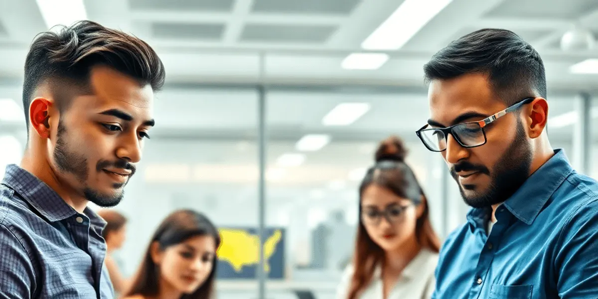 Un grupo diverso de individuos, que incluye personas caucásicas, asiáticas e hispanas, están sentados alrededor de un espacio de trabajo moderno en una oficina. Cada persona está concentrada en sus laptops y teléfonos inteligentes, participando en actividades de búsqueda de empleo. La oficina está bien iluminada, con muebles y decoraciones contemporáneas, creando una atmósfera profesional que refleja la naturaleza competitiva del mercado laboral digital en 2024.